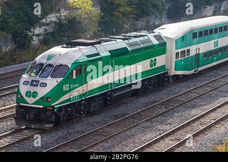 GO Transit Train locomotive seen on the move in downtown Toronto as it pulls into Union Station. Stock Photo
