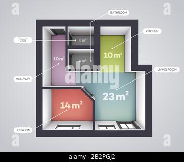 Architectural Color Floor Plan. One Bedroom Studio Apartment. Top View Rendering Style Stock Vector