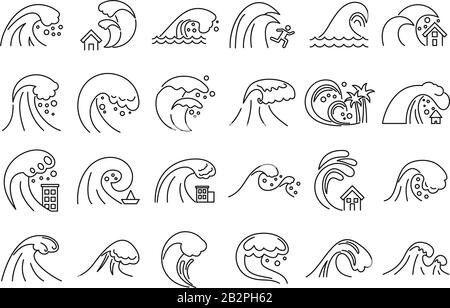 Tsunami disaster icons set. Outline set of tsunami disaster vector icons for web design isolated on white background Stock Vector