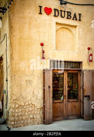 I love Dubai sign on traditional style doorway in old Dubai town UAE