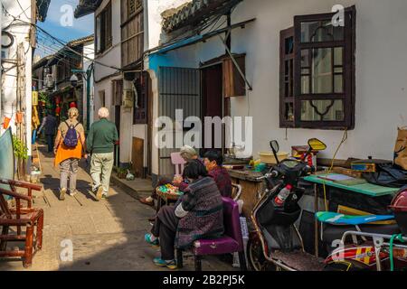 SHANGHAI, CHINA, NOVEMBER 01: Old street in the Zhujiajiao ancient town, a famous water town in the Qingpu district on November 01, 2019 in Shanghai Stock Photo