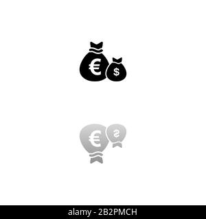 Money Bags with currency symbols. Black symbol on white background. Simple illustration. Flat Vector Icon. Mirror Reflection Shadow. Can be used in lo Stock Vector