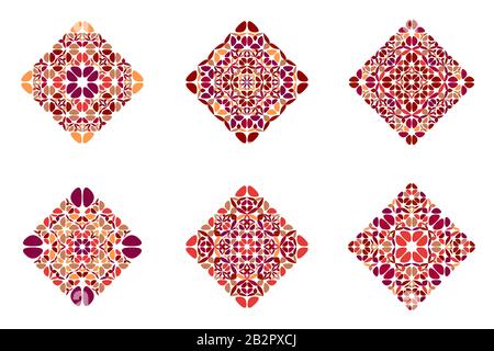 Isolated flower diagonal square symbol set - geometric ornamental squared colorful vector illustrations with curved shapes Stock Vector