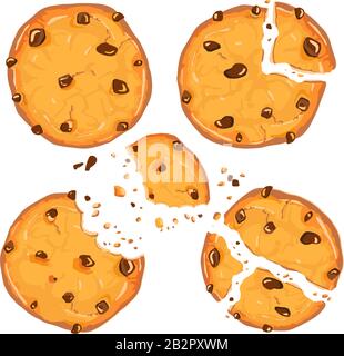 Homemade choco chip cookies with chocolate crisps isolated on white background. Bitten, broken, cookie crumbs. Vector illustration Stock Vector