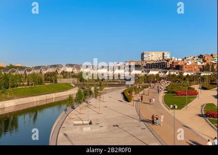 Madrid Rio park or Parque Madrid Rio on the banks of the Manzanares river, Madrid, Spain Stock Photo