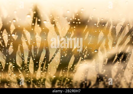 Drops of the water on a misted glass of a car. Water drops background. Stock Photo