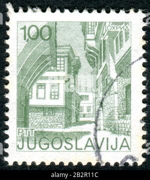 YUGOSLAVIA - CIRCA 1976: A stamp printed in Yugoslavia, depicted National Museum in Ohrid, North Macedonia, circa 1976 Stock Photo