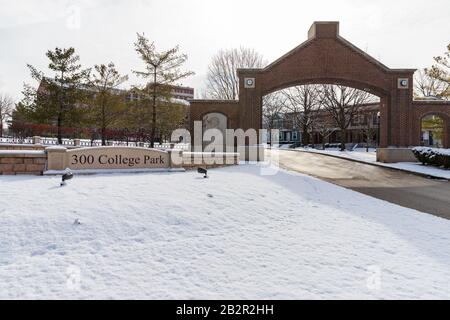 Dayton, OH, USA / February 28, 2020: 300 College Park, University of Dayton, with fresh winter snow on the ground. Stock Photo