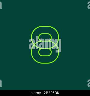 Eight, mono line. Vector sign linear number 8, green overlapping thin lines isolated on dark green background. One rounded digit. Text composition des Stock Vector