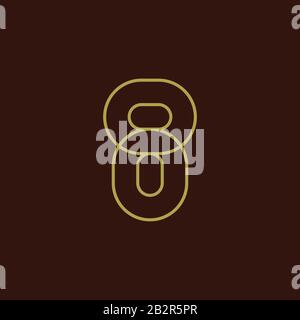 Vector sign linear number 8, golden overlapping thin lines isolated on dark brown background. One rounded digit. Eight, mono line. Text composition de Stock Vector