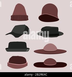 Set vintage hats in art deco 1920s style isolated on pink background.Vector flat simple illustration. Retro 20s. Stock Vector