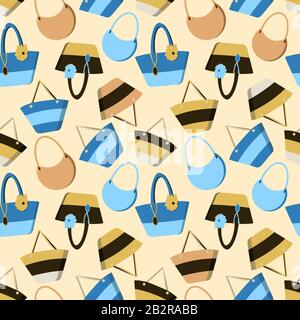 Colorful seamless summer pattern with summer beach bags in flat style isolated on yellow background. Vector cute travel handbag print. Stock Vector