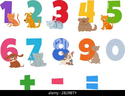 Cartoon Illustration of Numbers Set from One to Nine with Happy Cats and Dogs Animal Characters Stock Vector