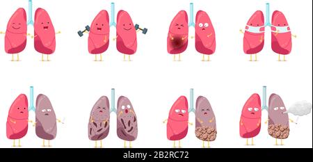 Sad sick unhealthy and healthy strong happy smiling cute lung character set. Human anatomy respiratory system internal organ funny cartoon collection. Vector mascot illustration Stock Vector