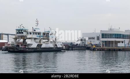 The Island Airport Ferry crossing the Western Channel to Billy Bishop Toronto City Airport (YTZ). Stock Photo