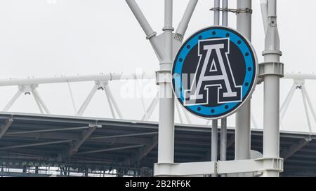 Toronto Argonauts CFL team logo on a sign at their home stadium in downtown Toronto, BMO Field. Stock Photo