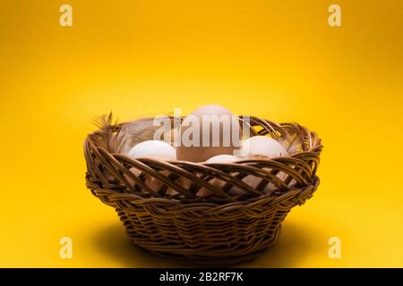 fresh natural chicken eggs and feathers in a straw basket on a yellow background Stock Photo