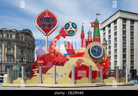 MOSCOW, RUSSIA – JUNE 4, 2018: Clock of the 2018 FIFA World Cup in Russia on Manezhnaya square, near Red Square. Stock Photo