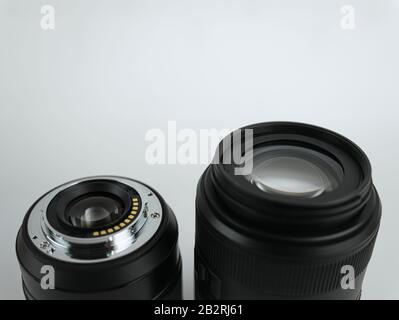 A close-up of a lens bayonet and a camera lens Stock Photo