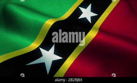 Saint Kitts and Nevis flag waving in the wind. National flag of Saint Kitts and Nevis. Sign of Saint Kitts and Nevis. 3d rendering. Stock Photo