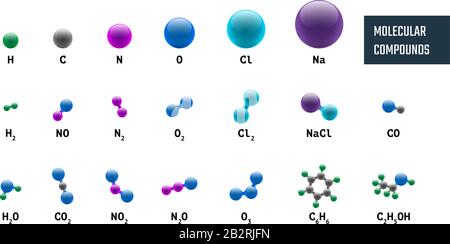 Collection of molecular chemical models combinations from hydrogen oxygen sodium carbon nitrogen and chlorine. Vector molecules set illustration isolated on white background Stock Vector