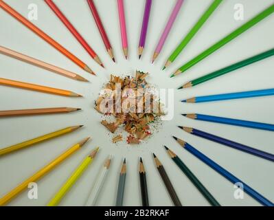 The tips of different crayons arranged in a circle Stock Photo