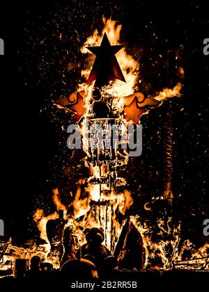 Montreal, Canada - August 10 2019: Impressive Lego Statue burning in Falla Festival in Tohu of Montreal Stock Photo