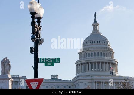 First St. NW on street pole in-front of the United States Capitol Building. Stock Photo