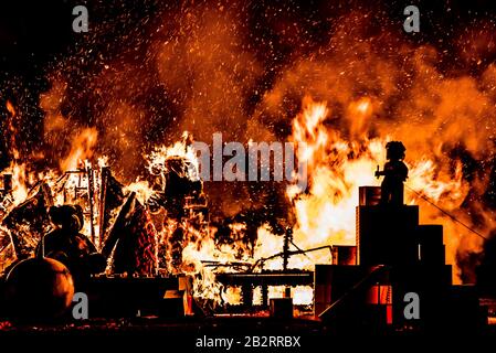 Montreal, Canada - August 10 2019: Impressive Lego Statue burning in Falla Festival in Tohu of Montreal Stock Photo