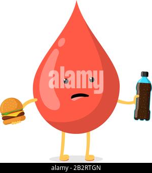 Cute cartoon sad unhealthy blood drop character with fast food burger and soda bottle. Vector malnutrition and high glucose diabetes risk flat illustration Stock Vector