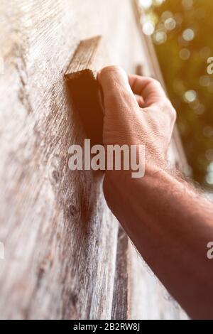 Free climbing wall practice training, close up of hand Stock Photo