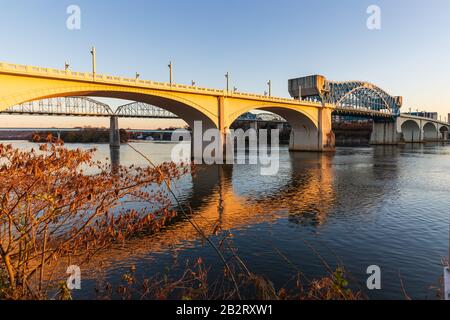 Chattanooga, TN, USA / November 24, 2019: John Ross Bridge at sunset in Chattanooga, TN Stock Photo