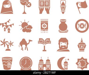 islamic flag and ramadan icon set over white background, silhouette style, vector illustration Stock Vector
