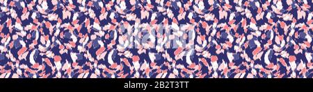 Classic blue hand drawn spotty camouflage seamless border pattern. Playful imperfect modern style background in white, pink, classic blue. Dense Stock Vector