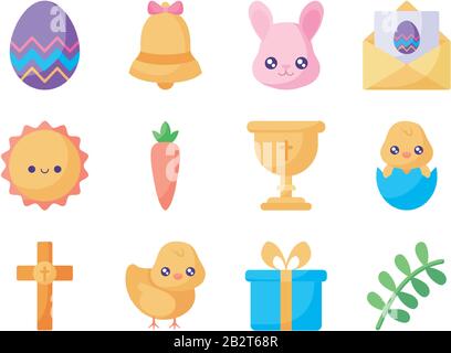 Happy easter flat style icon set design, Spring decoration holiday greeting ornament celebration festive season tradition and festival theme Vector illustration Stock Vector
