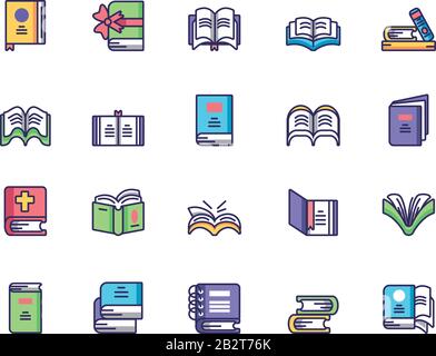 gift book and book icon set over white background, block style, vector ...