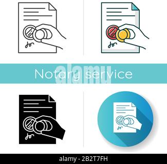 Hand with stamp icon. Certificate. Notarized document. Apostille and legalization. License. Contract. Legal agreement. Notary services. Linear black Stock Vector