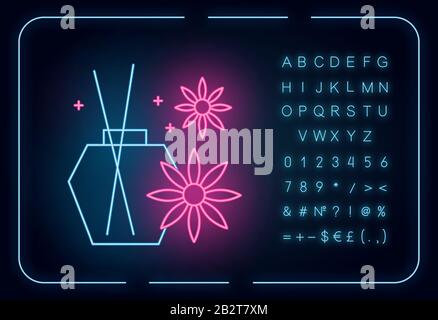 Aromatherapy neon light icon. Blossom scented sticks. Essential oils in glass jar. Selfcare and wellness. Glowing sign with alphabet, numbers and Stock Vector