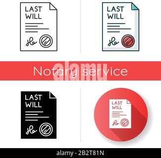 Signed last will icon. Document with stamp. Notarized testament. Apostille and legalization. Legal paper. Notary services. Linear black and RGB color Stock Vector