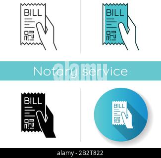 Bill of exchange icon. Printed cheque. Payment notice. Purchase confirmation, proof. Cashiers receipt, cash-memo. Shopping. Linear black and RGB color Stock Vector