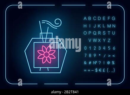 Aromatherapy neon light icon. Scented sticks in glass jar. Essential oils for relaxation. Selfcare and wellness. Glowing sign with alphabet, numbers Stock Vector