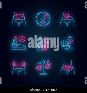 Menstrual cycle neon light icons set. Predmenstrual syndrome. Bloating, abdominal pain. Sleep deprivation. Aromatherapy. Hormone imbalance. Overweight Stock Vector