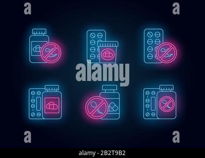 Birth control neon light icons set. Medication and pills. Unwanted pregnancy prevention. Oral contraceptive. Predmenstrual syndrome prescription Stock Vector