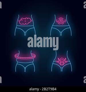 Abdominal pain neon light icons set. Bloating and flatulence. Female waist weight gain. Stomach ache. Predmenstrual syndrome. Period and PMS symptom Stock Vector