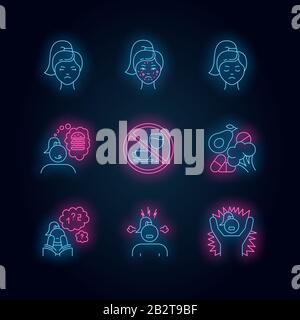 Predmenstrual syndrome neon light icons set. Female facial treatment. Acne and pimples. Food craving. Emotional outburst. Poor concentration. Glowing Stock Vector