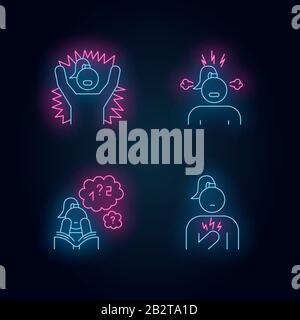 PMS symptoms neon light icons set. Emotional outburst. Irritability and stress. Poor concentration. Math problem solving. Chest pain. Female Stock Vector