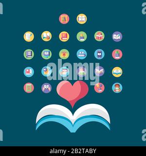 book with heart and books icon set over blue background, block style, vector illustration Stock Vector