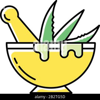 Mortar with pestle color icon. Graining leaves. Aloe vera sprouts in bowl. Plants for grinding. Medicinal herbs liquid. Homemaking process. Cosmetics Stock Vector