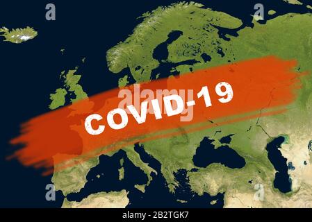 Coronavirus epidemic, word COVID-19 on Europe map. Novel coronavirus outbreak in China, the spread of corona virus in the World. COVID-19 infection co Stock Photo
