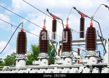 Isolators at an electrical substation, Bremen, Germany Stock Photo